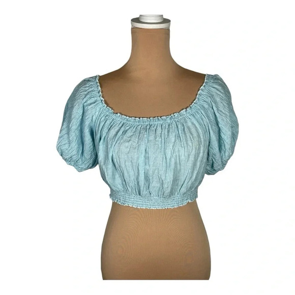 Urban Outfitters Kimchi Blue Off Shoulder‎ Seersucker Puff Sleeve Crop Top Linen - Picture 1 of 5